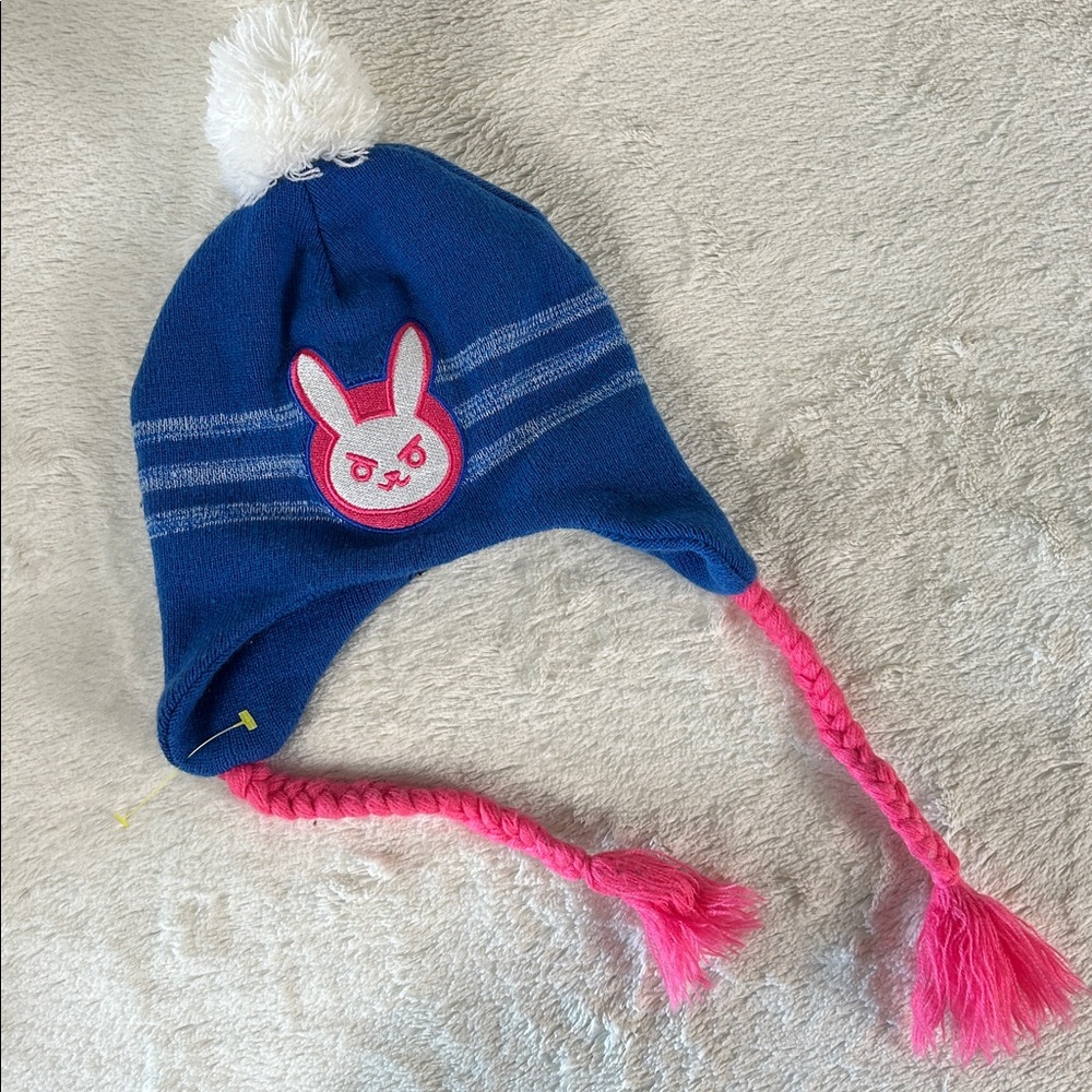 1 Overwatch Blue Pink Ties White Pom Pom Toque